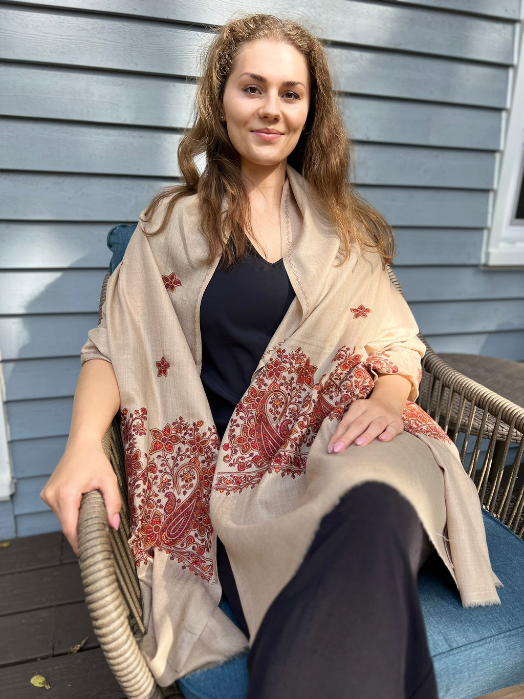 Beige Wool Embroidered Kashmir Paisley Shawl