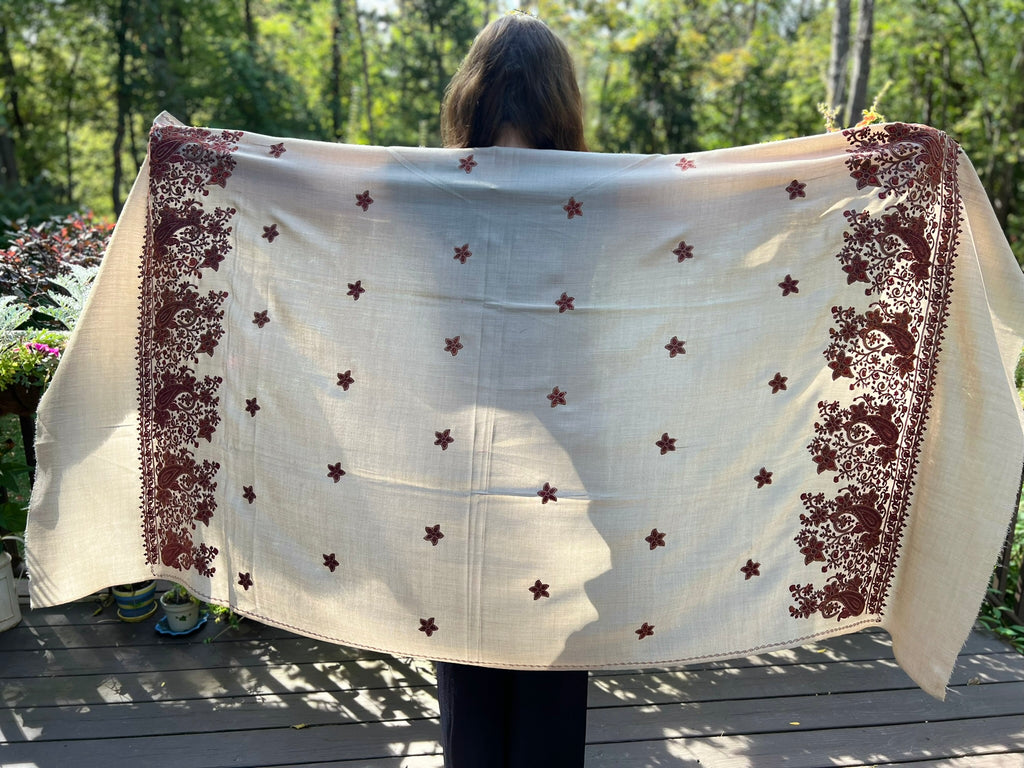 Beige Wool Embroidered Kashmir Paisley Shawl