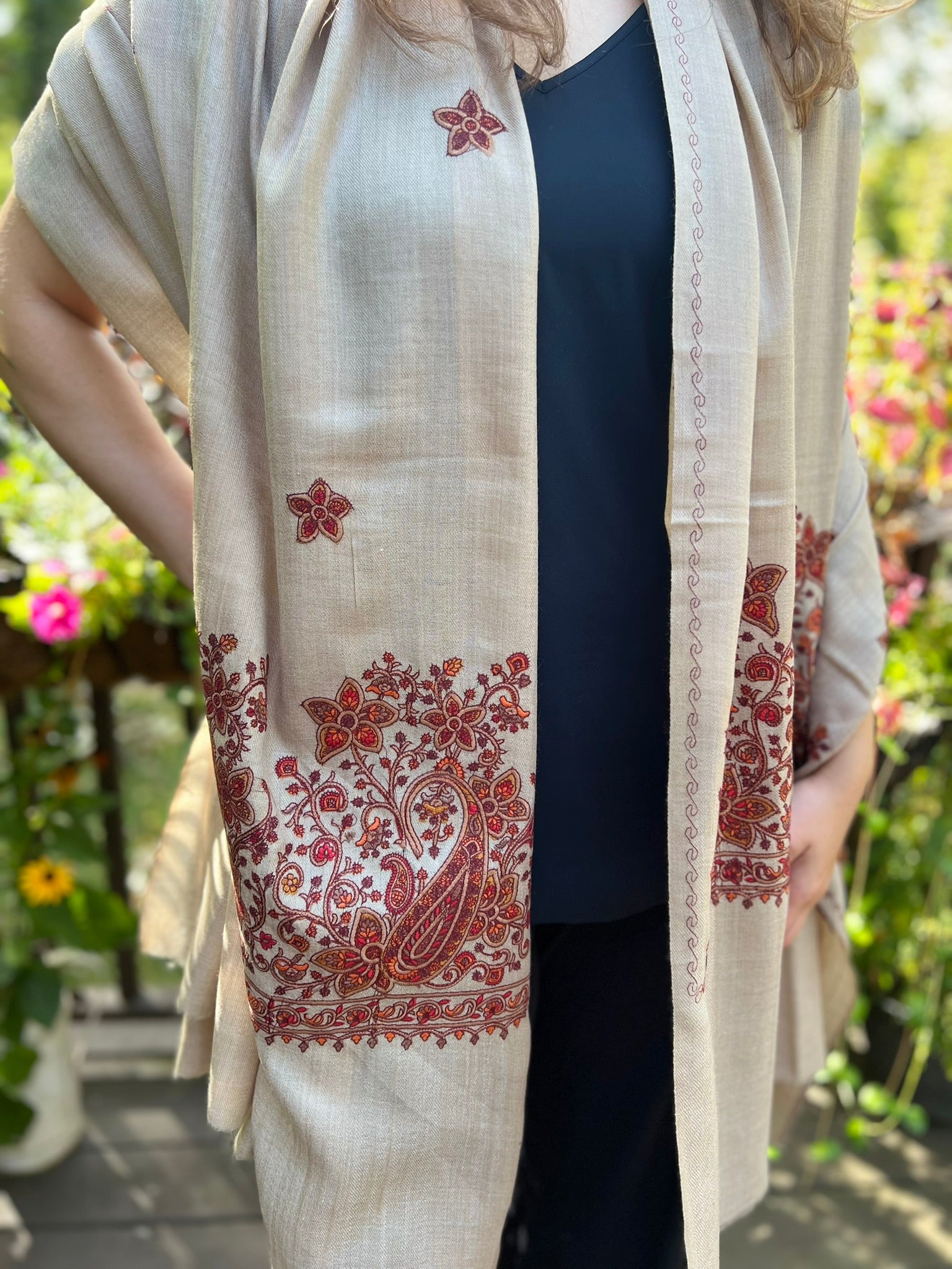 Beige Wool Embroidered Kashmir Paisley Shawl