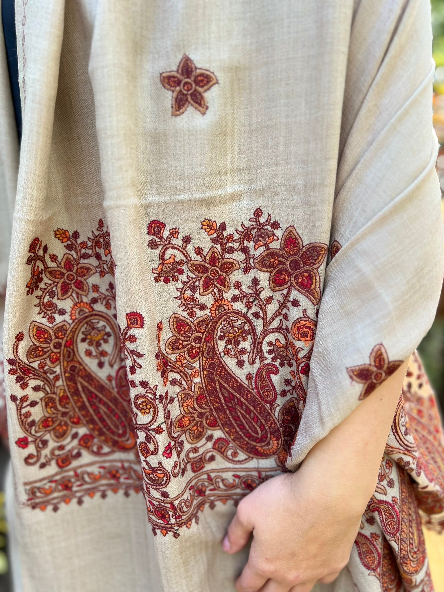 Beige Wool Embroidered Kashmir Paisley Shawl