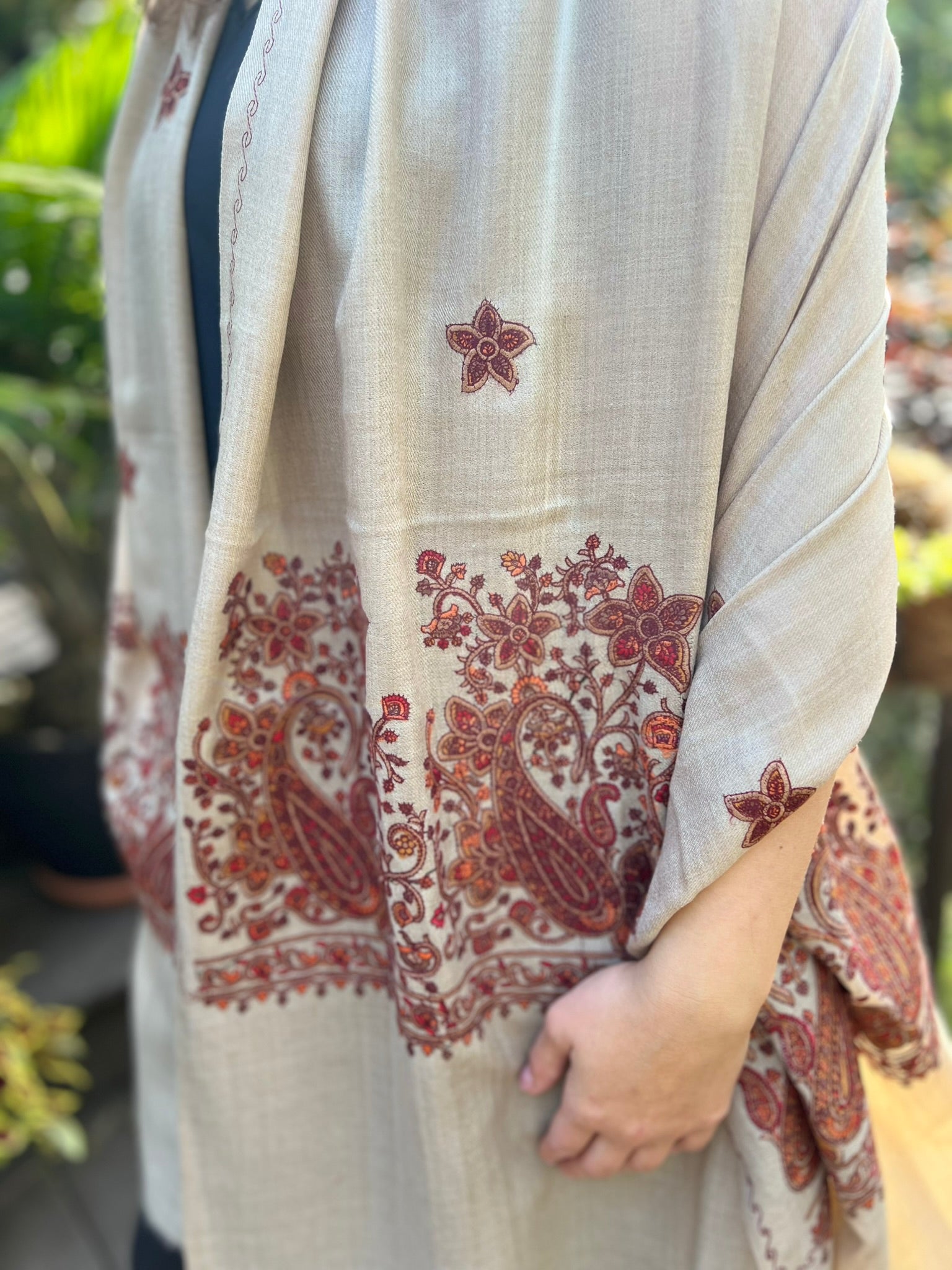 Beige Wool Embroidered Kashmir Paisley Shawl