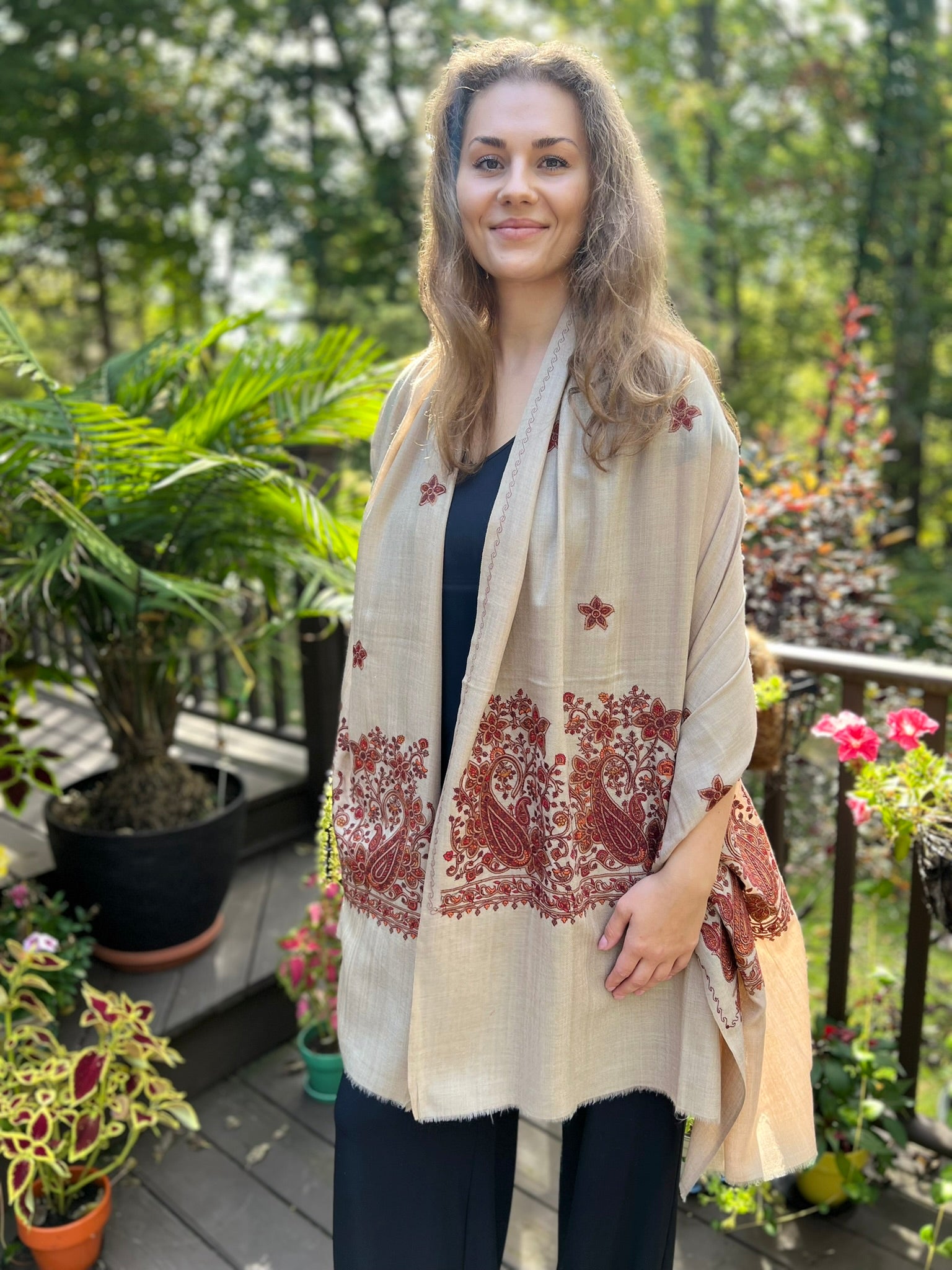 Beige Wool Embroidered Kashmir Paisley Shawl