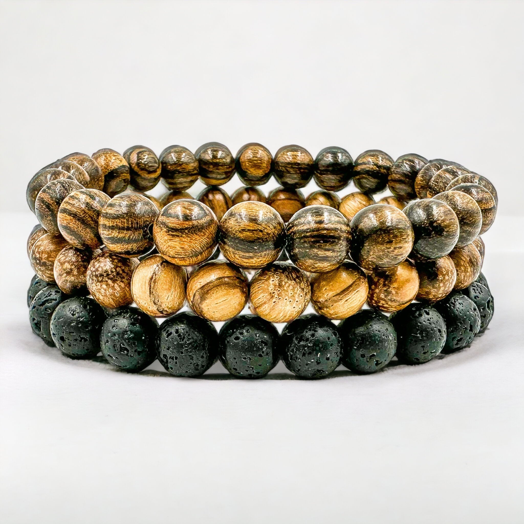 Premium 3 Pack Beaded Bracelet Stack - Sandalwood & Lava Rock-4