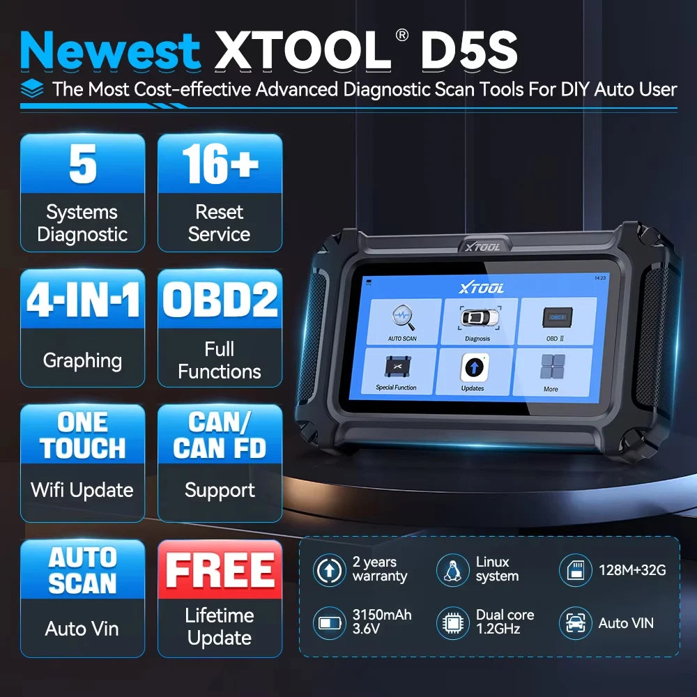 XTOOL D5S Car Diagnostic Tool Automatic OBD2 Scanner 16 Reset Functions with CANFD FCA Protocol Lifetime Free Update