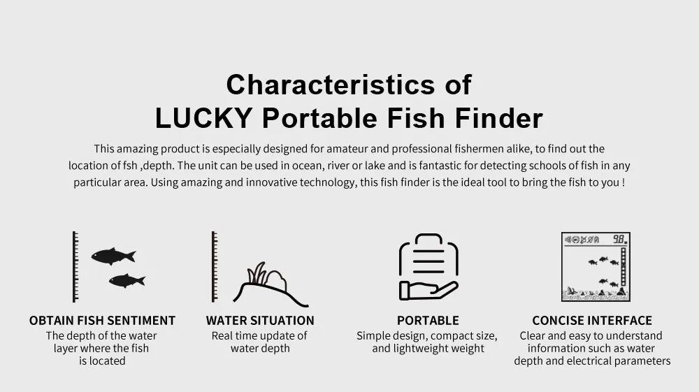 FFC1108-1 Alarm 100M Portable Sonar Fish Finders 45 degrees Sonar Coverage Echo Sounder Alarm Transducer Lake Sea Fishing