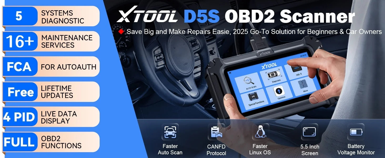 XTOOL D5S Car Diagnostic Tool Automatic OBD2 Scanner 16 Reset Functions with CANFD FCA Protocol Lifetime Free Update