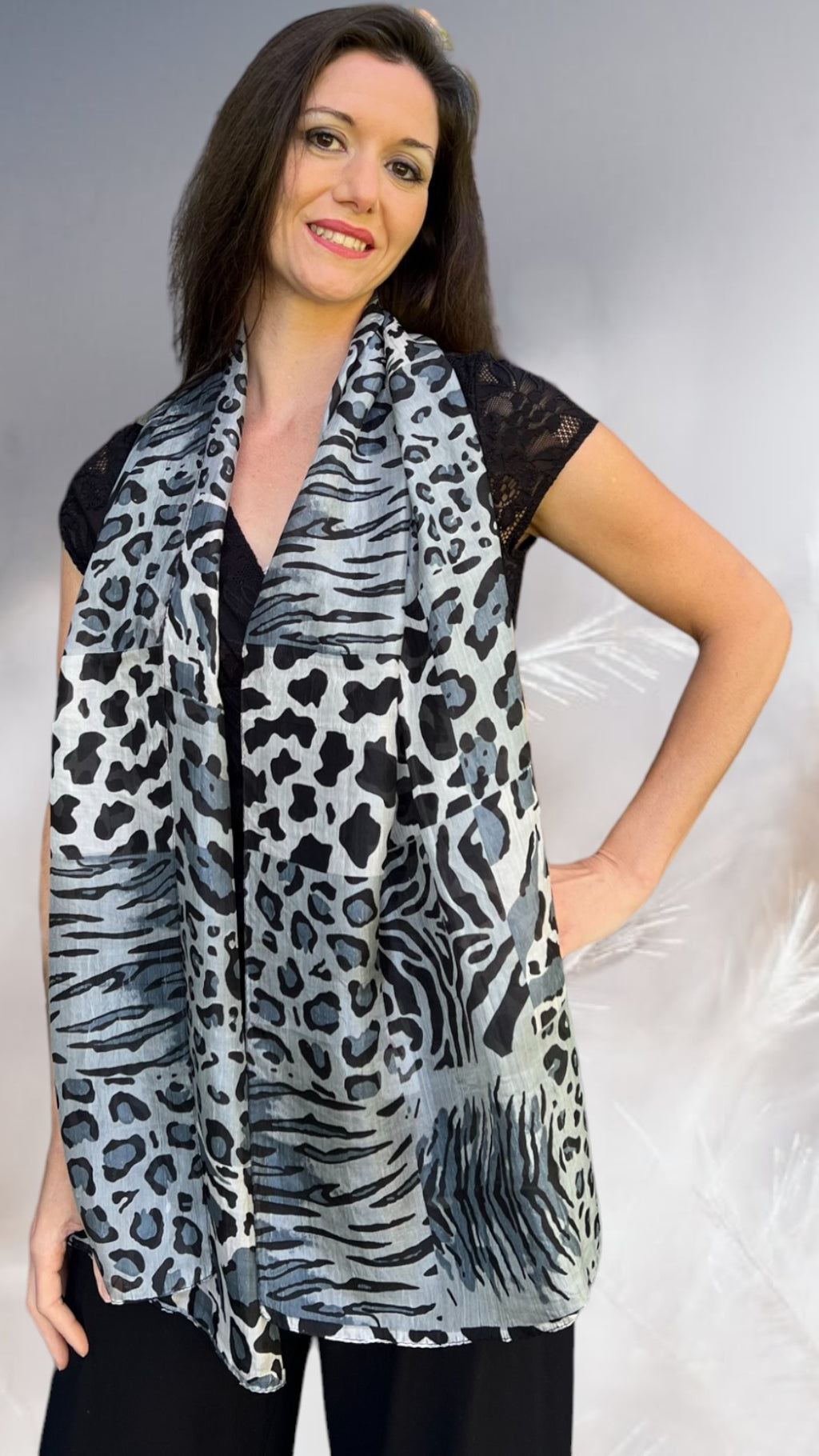 Grey Leopard Print Silk Scarf